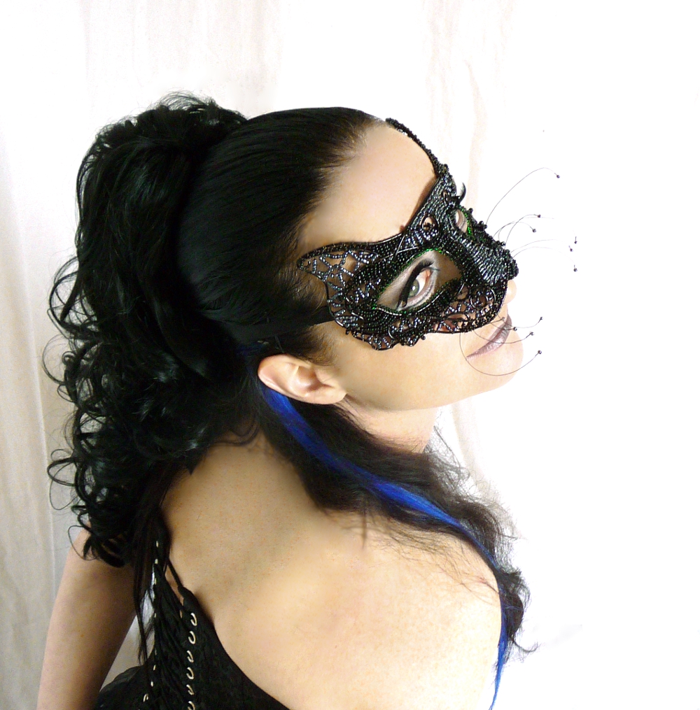 Black Cat Beaded Masquerade Mask